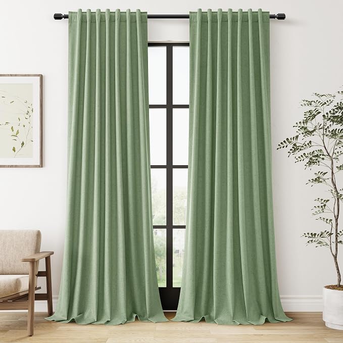 Guken Light Sage 100% Blackout Linen Curtains 90 Inch Length 2 Panels Set by Guken