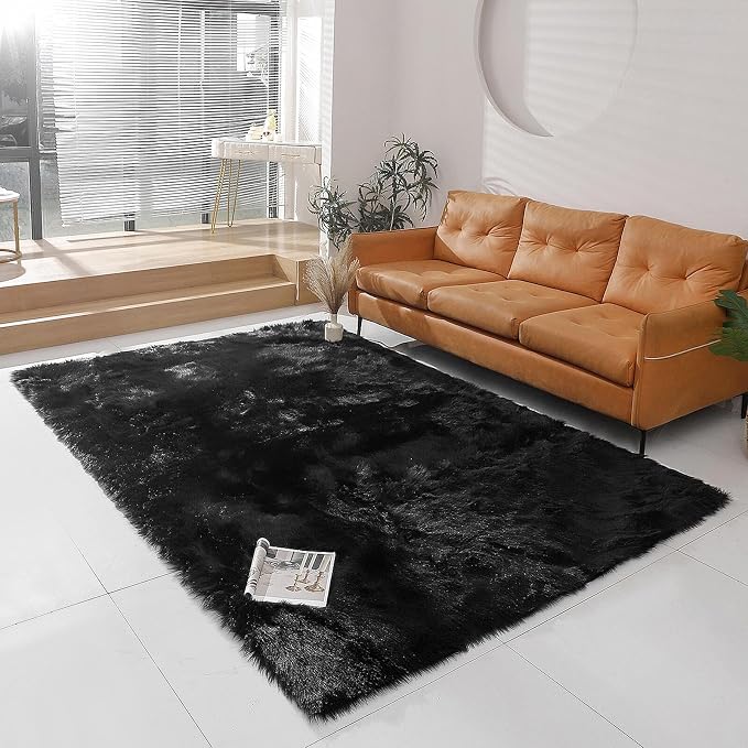 linmopm Faux Fur Rug Sheepskin Shag Fluffy Fuzzy Black 6x9 ft Rugs by Limopmfauxfurproducts