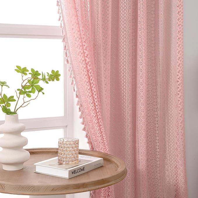 WAZZIO Boho Lace Curtains 84 Inches 2 Panel, Light Filtering Privacy Tassel & by WAZZIO