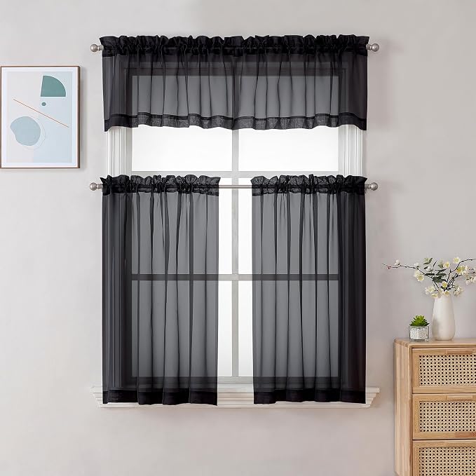 Gwine Black Valances for Windows, Small Light Filtering Rod Pocket Cafe Valance - Image 2