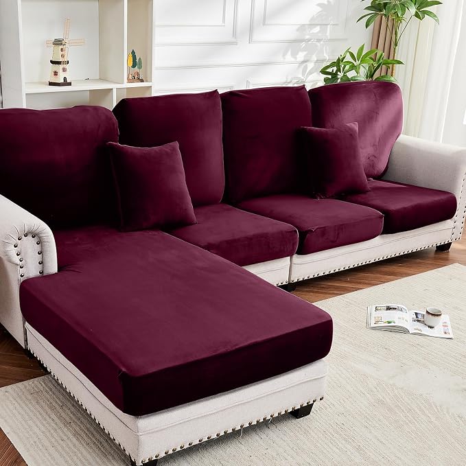 Couch Cover 8-Piece Elastic Velvet Couch Cushion Covers & Chaise Slipcovers by Taque