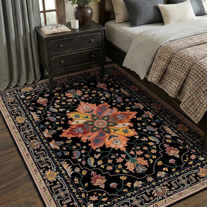 Area Rugs 5'x7' Washable Non-Slip, Floral Vintage Distress Print Pattern - Image 2