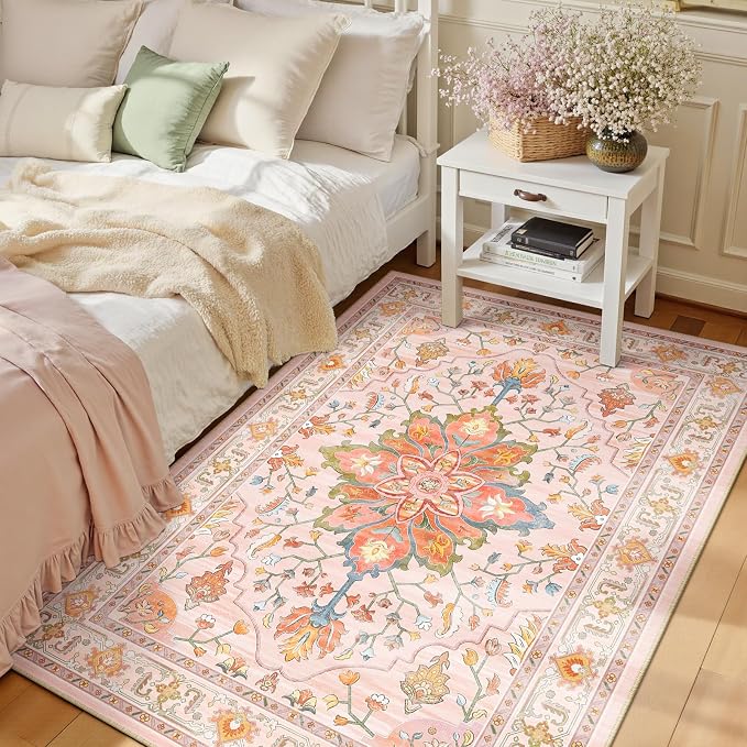 Area Rugs 3'x5' Washable Non-Slip, Floral Vintage Distress Print Pattern by RELEANY