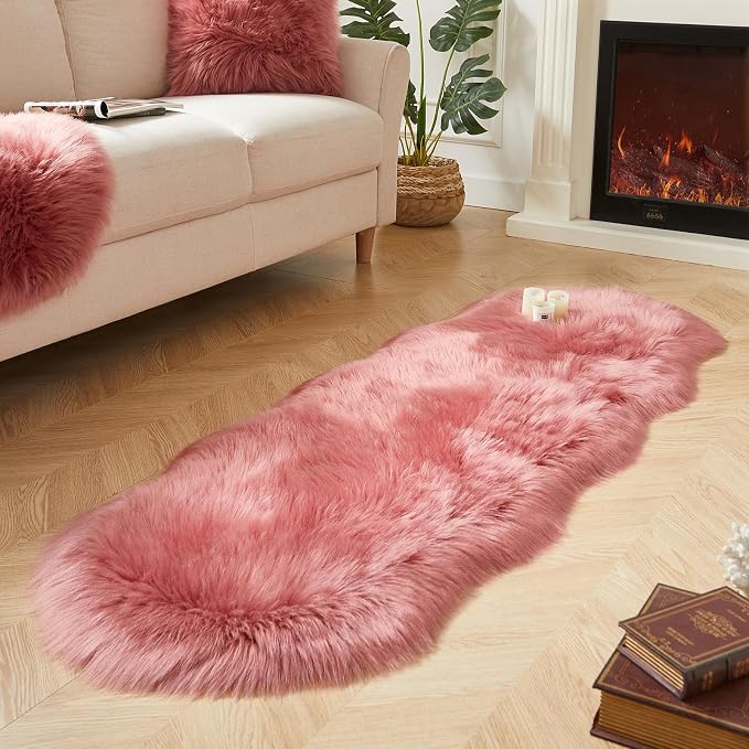 AMTOVO Faux Sheepskin Rug, Blush Pink Ultra Soft Fluffy Shag Area Rug, 2 x 6 ft by AMTOVO