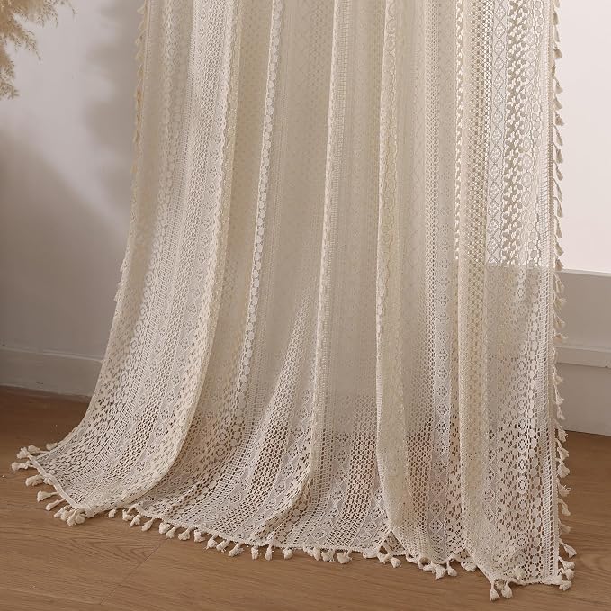 WAZZIO Boho Lace Curtains 72 Inches 2 Panel, Light Filtering Privacy Tassel & - Image 5
