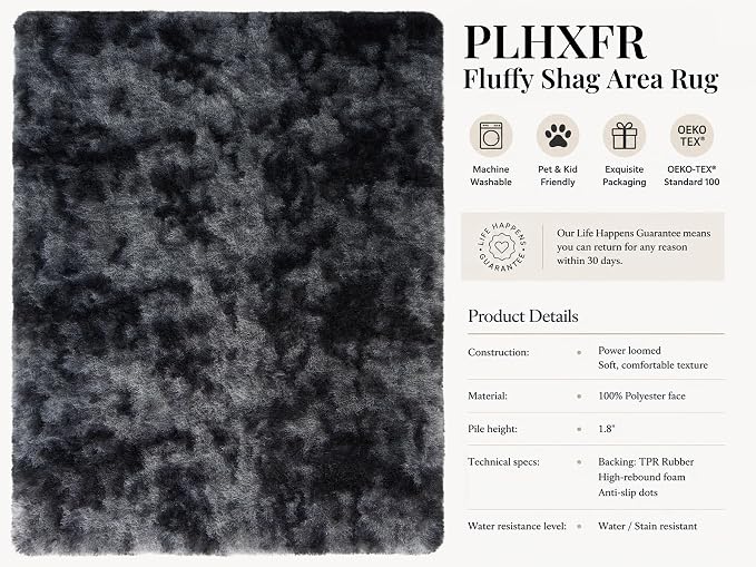 PLHXFR 9x12 Area Rugs Living Room: Fluffy Bedroom Soft Shag Rug Black Grey | - Image 4