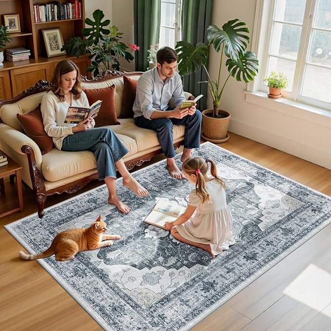 Area Rugs 5'x7' Washable Non-Slip, Floral Vintage Distress Print Pattern - Image 3