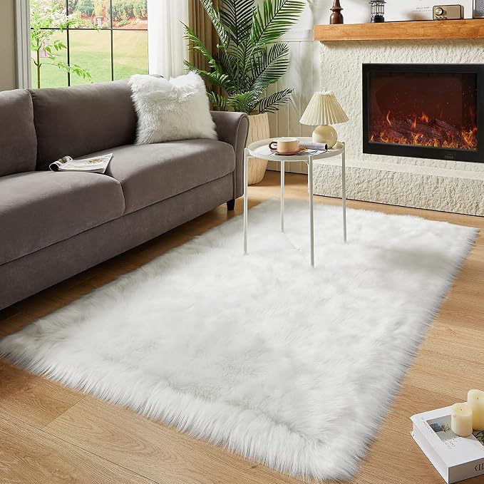 AMTOVO Faux Fur Sheepskin Rug for Living Room, 4 x 6 ft White Fluffy Area Rug - Image 7