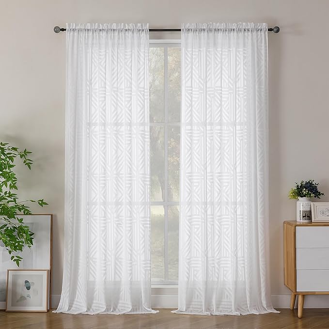 Simplebrand Semi Sheer White Curtains 96 Inches Long 2 Panels, Light Filtering by Simplebrand