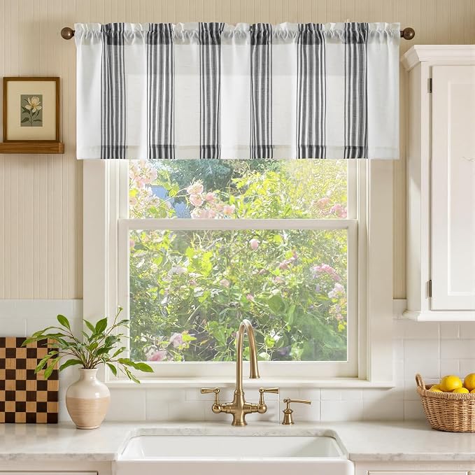 jinchan Striped Linen Valance Curtain 16 Inch Vertical Striped Valance - Image 2