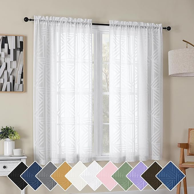 Simplebrand Semi Sheer White Curtains 54 Inch Length 2 Panels, Geometric by Simplebrand
