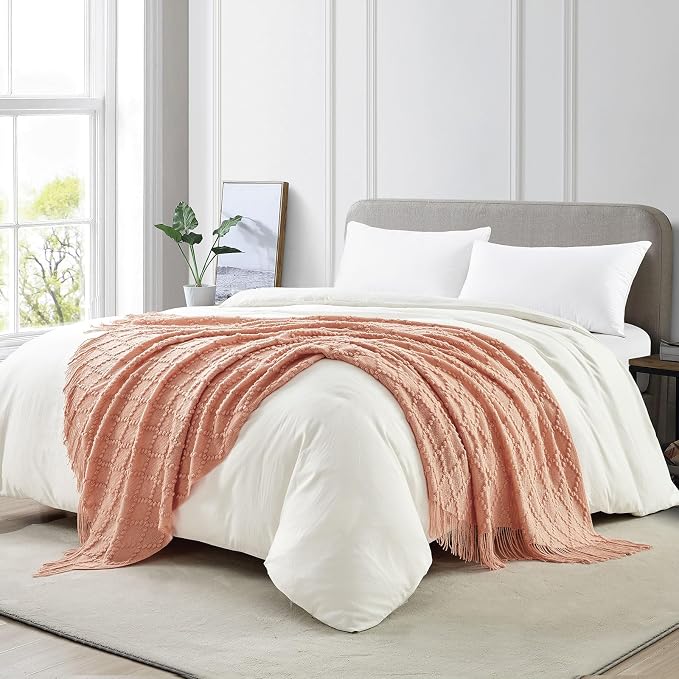 BOURINA Orange Throw Blanket 50 x70 Inches Jacquard Argyle Throw Textured Solid - Image 3