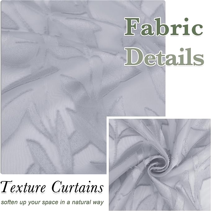 Lecloud Leia Light Grey Sheer Curtains 96 Inches Long 2 Panels, Jacquard Leaves - Image 9