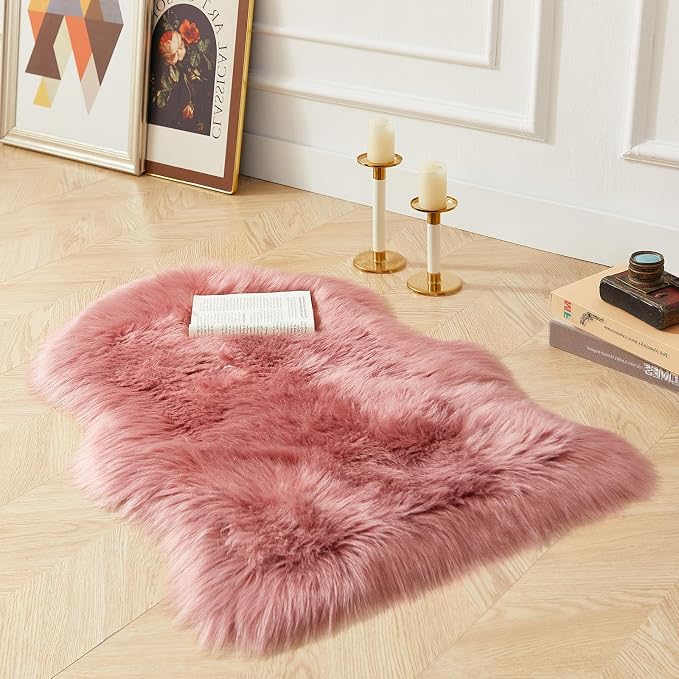 AMTOVO Faux Fur Rug, Blush Pink Small Area Rug, Fluffy Sheepskin Rug, Fuzzy - Image 2