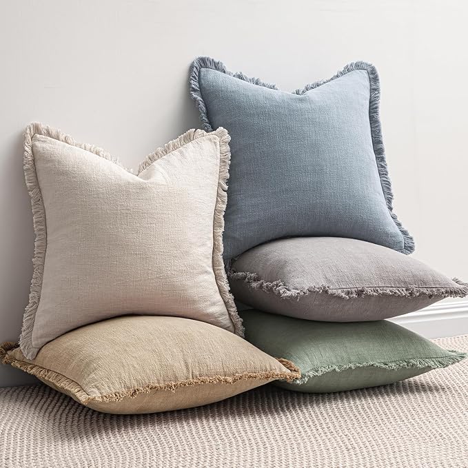 MIULEE Decorative Throw Pillow Covers Neutral Linen Fringe Throw Pillows Set of - Image 5