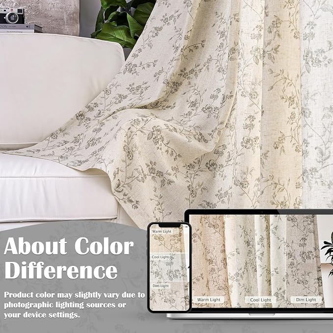 Lazzzy Linen Farmhouse Curtains Grey Floral Curtains 63 Inch Long Back Tab - Image 6