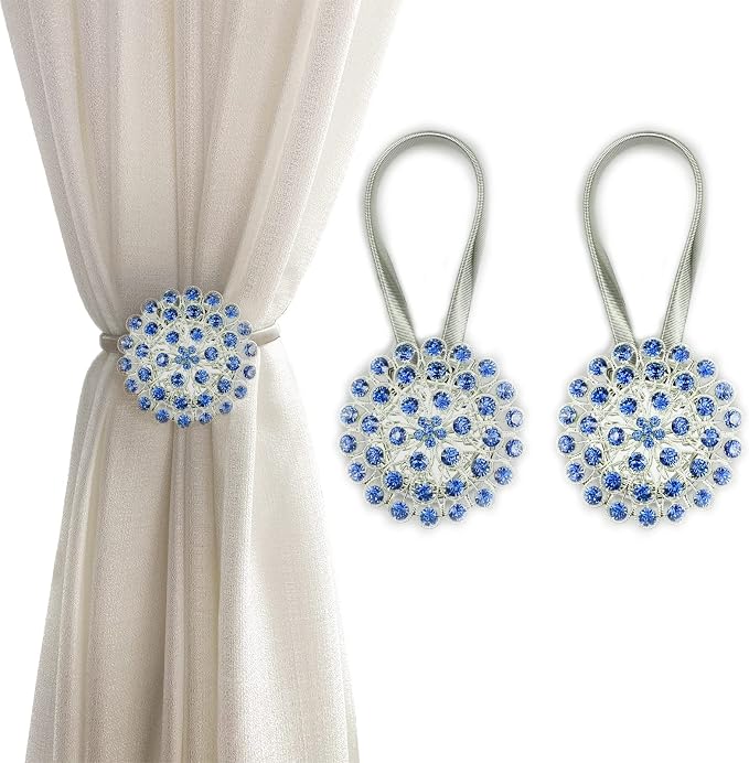 Magnetic Tiebacks for Curtains, 2 Pack Sparkling Crystal Flower Curtain by FOZUBOYO