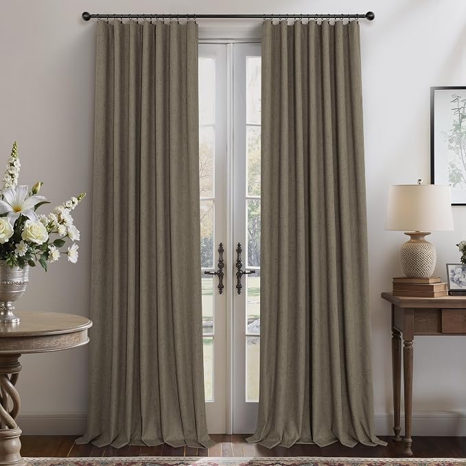 Linen Brown Curtains for Bedroom 84 Inch Long 2 Panel Burg 100% Blackout Back - Image 9