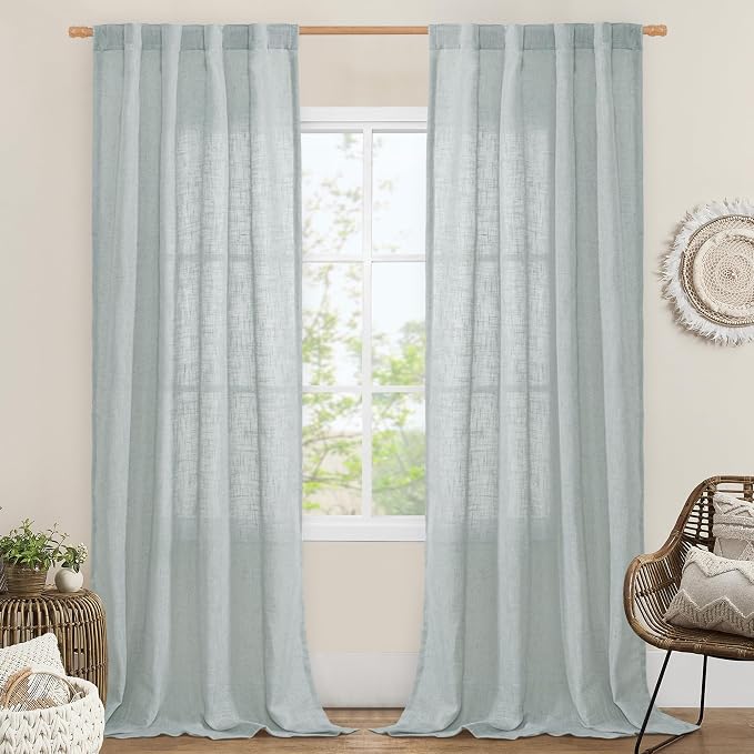 LAMIT Greyish Blue Linen Boho Curtains 84 inch Length 2 Panels, Light Filtering by LAMIT