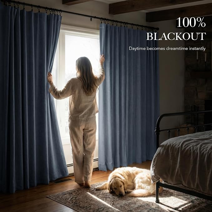 RYB HOME Smoky Blue Linen 100% Blackout Curtains - Image 3