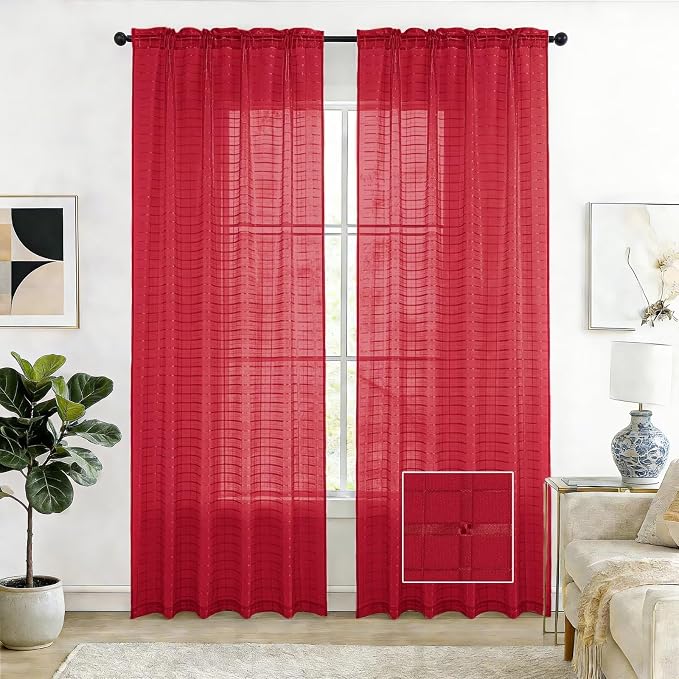 SpaceDresser Check Sheer Curtains 63 Inches Long by SpaceDresser