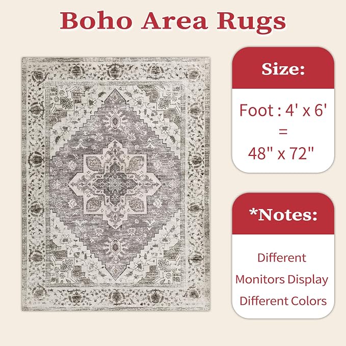 SERISSA Area Rug 4x6 Boho Rugs for Bedroom, Vintage Washable Non Slip Rug - Image 2