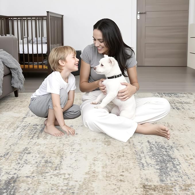 Area Rug Living Room: 4x6 Modern Washable Soft Carpet Beige Brown | - Image 10