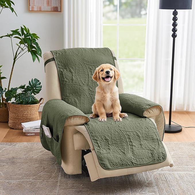 Green Recliner TV Chair Covers, Quilted Décor Water-Repellent Medium Lazy Boy by Pamhaven