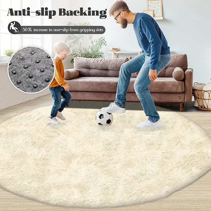 Cream White Round Rugs for Bedroom: 4ft Circle Fluffy Shag Soft Washable Rug - Image 7