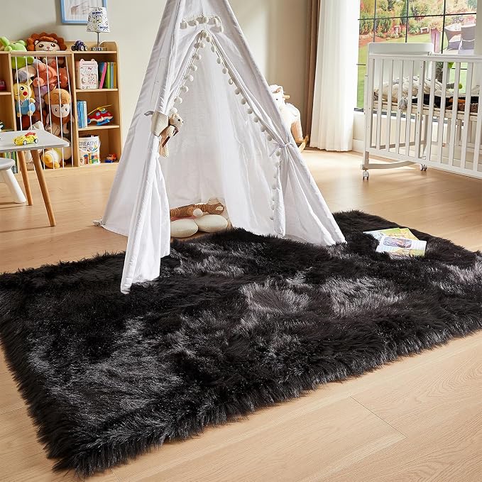 AMTOVO Faux Fur Sheepskin Rug for Living Room, 4 x 6 ft Black Fluffy Area Rug - Image 6