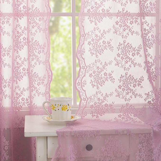 YJ YANJUN Vintage Lace Curtains 63 Inch Length-Victorian Floral Pattern Lilac - Image 4