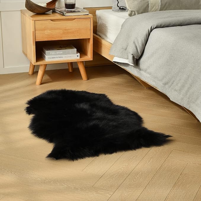 duduta Black Faux Sheepskin Fur Throw Rug 2x3 ft, Fluffy Shag Chair Cover Small - Image 2