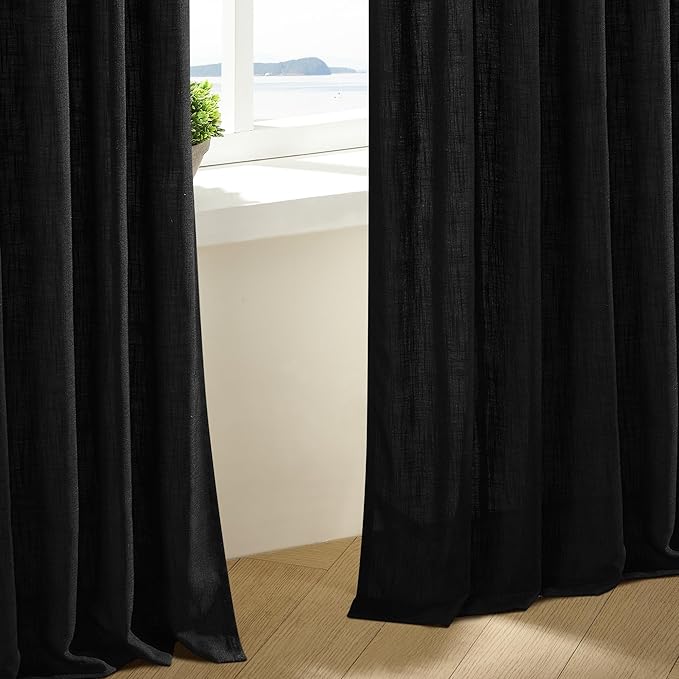 Black Pinch Pleated Linen Semi Sheer 120 Inch Curtains 2 Panels | Light - Image 6