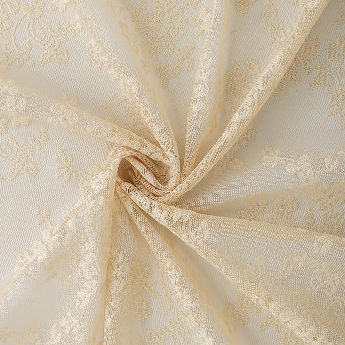 YJ YANJUN Vintage Lace Curtains 96 Inches Long-Victorian Floral Beige Sheer - Image 6
