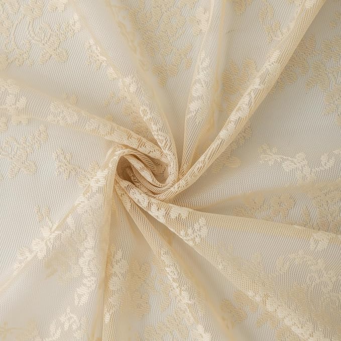 YJ YANJUN Vintage Lace Curtains 63 Inch Length Antique Chic Floral Beige Sheer - Image 5