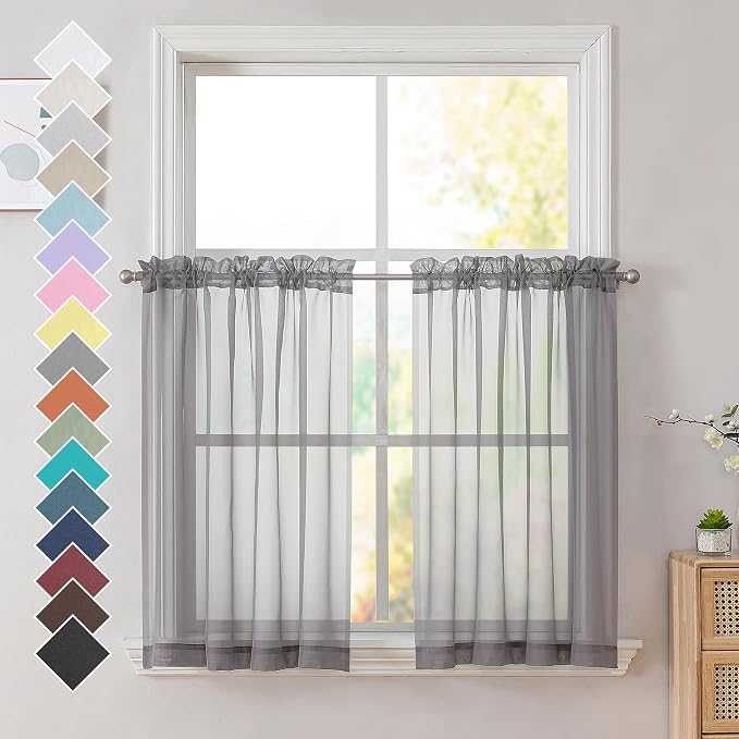 OVZME Charcoal Grey Sheer Curtains 36 inches Long, Short Kitchen Window by OVZME