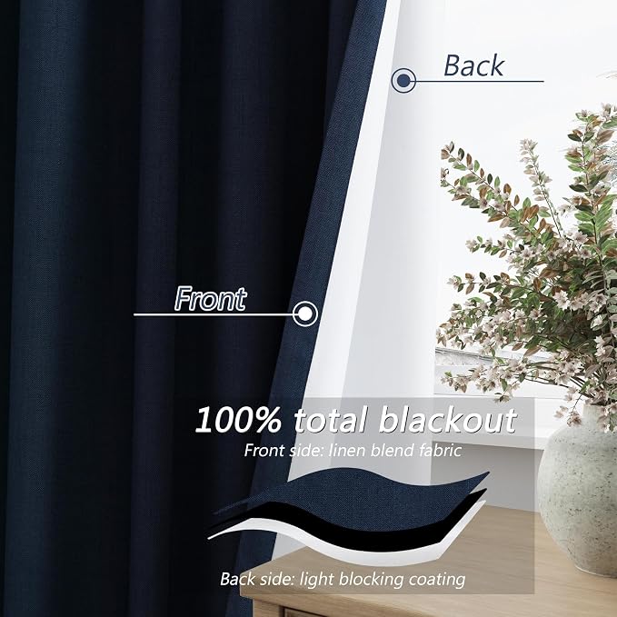 Guken Navy Blue 100% Blackout Linen Curtains 63 Inch Length 2 Panels Set - Image 4