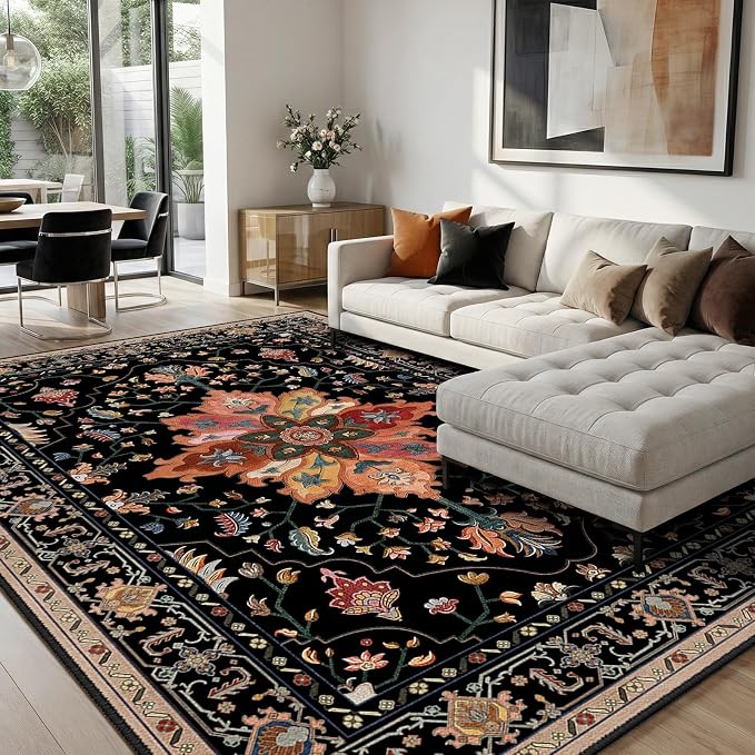 Area Rugs 8'x10' Washable Non-Slip, Floral Vintage Distress Print Pattern by RELEANY