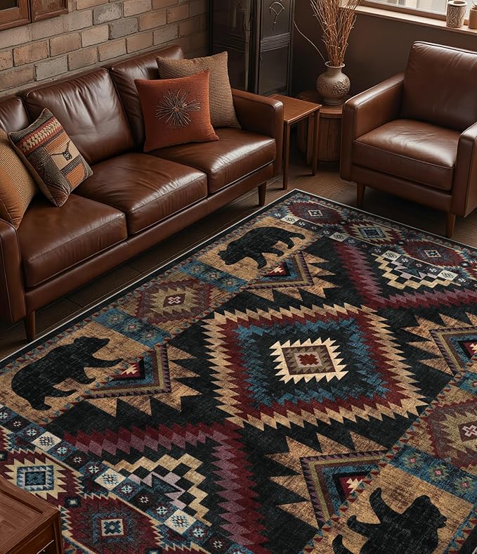 YIHOUSE Rustic Cabin Area Rug for Living Room 8x10, Machine Washable Lodge Bear by YIHOUSE