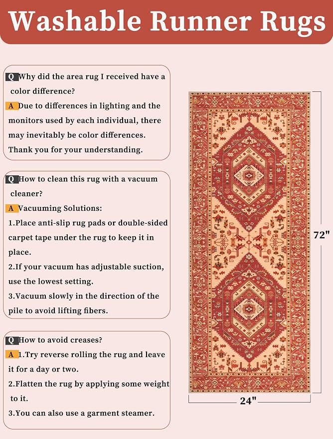 SERISSA Boho Washable Runner Rug, 2x6 Rug Runner Non-Slip Vintage Red Hallway - Image 6