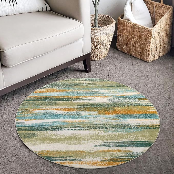Lansny Modern Abstract Round Rug 3Ft, Circular Entryway Rug Thin Print Faux - Image 2