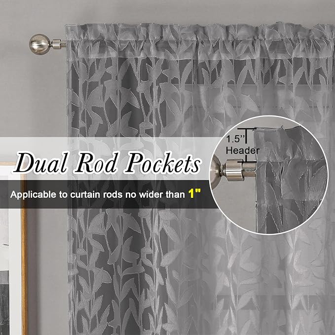 Lecloud Leia Charcoal Grey Sheer Curtains 16 Inch Length 2 Pcs, Jacquard Leaf - Image 5