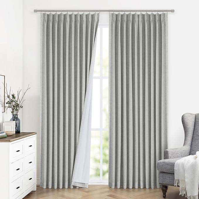 Vision Home Light Gray Pinch Pleated Full Blackout Curtains Linen Blended - Image 2