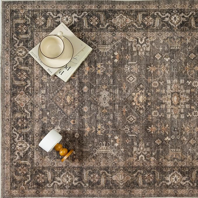 8x8 Washable Round Rug for Living Room Bedroom Vintage Brown Non Slip Carpet - Image 7
