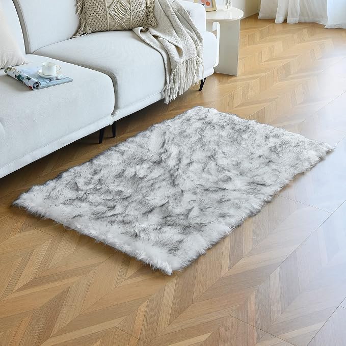 duduta White Black Faux Sheepskin Fur Rug 3x5 ft, Fluffy Shag Bedroom Dorm - Image 5