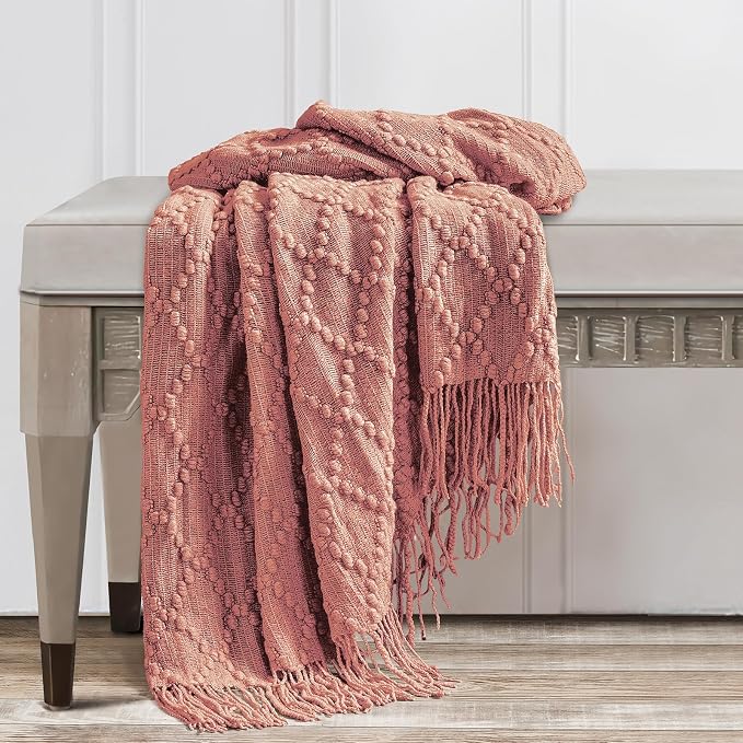 BOURINA Coral Pink Throw Blanket 50 x70 Inches Jacquard Argyle Throw Textured - Image 5