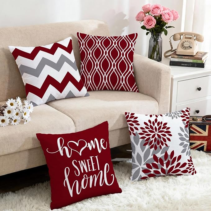 Hexagram Geometric Burgundy Pillow Covers 16x16 Set of 4, Decorative Outdoor - Image 5