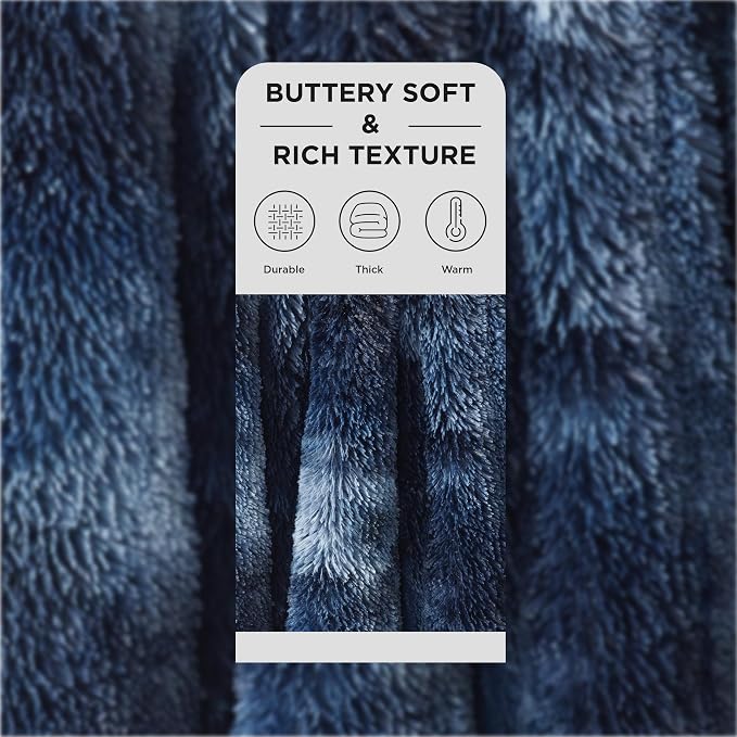 Bedsure GentleSoft Fluffy Tie Dye Navy Blue Blankets Queen Size - Image 2
