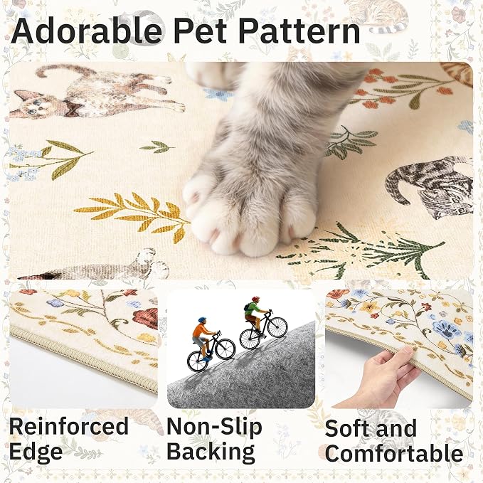 Cat 3x5 Area Rugs for Entryway, Machine Washable Animal Floral Accent Rug - Image 5