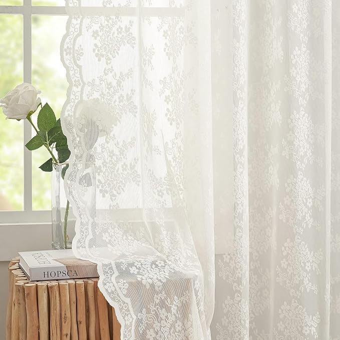 YJ YANJUN Vintage Lace Curtains 120 Inches Long-Antique Floral Ivory Privacy - Image 4